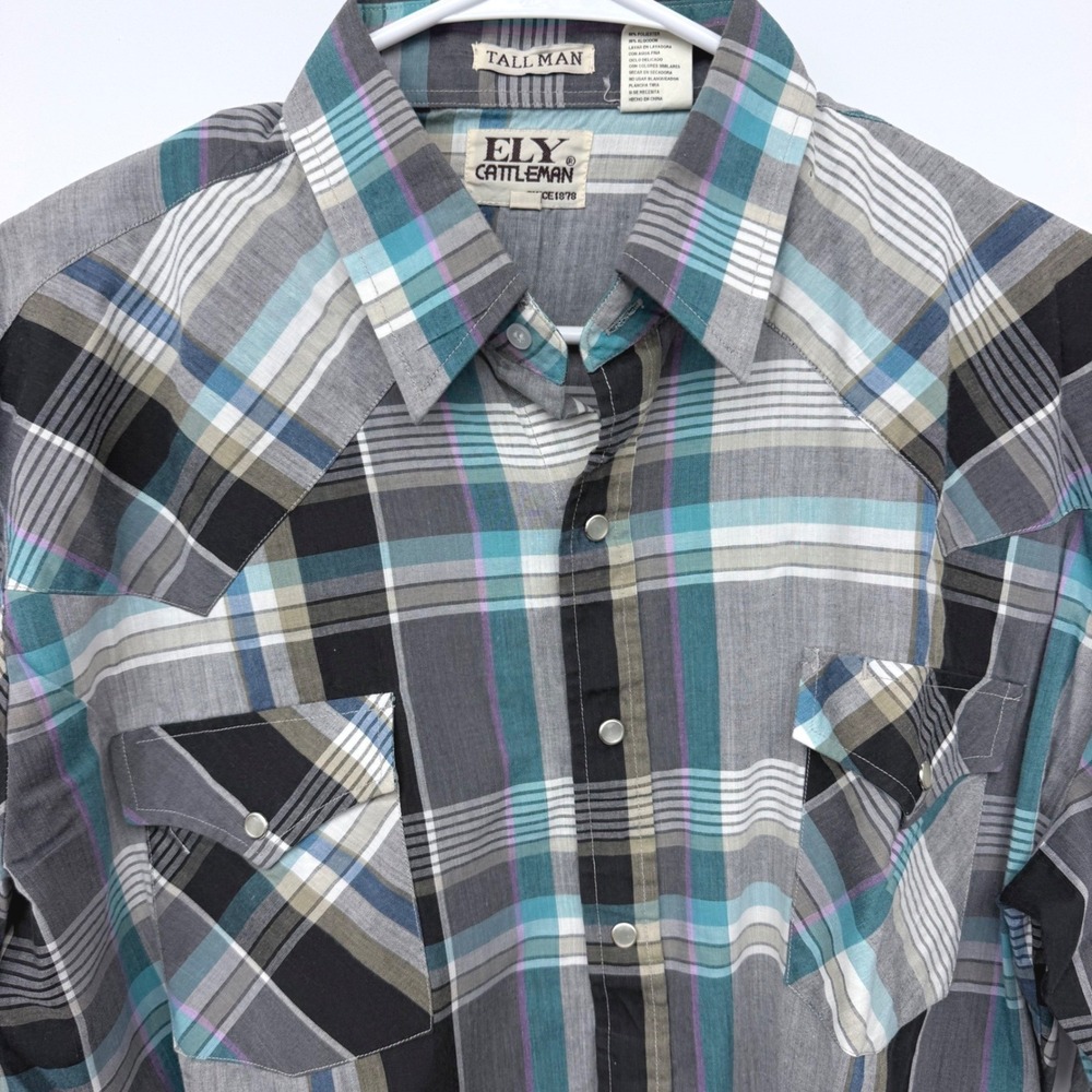 Ely Cattleman Western Shirt Mens Large Tall Gray Plaid Pearl Snap Long Sleeve